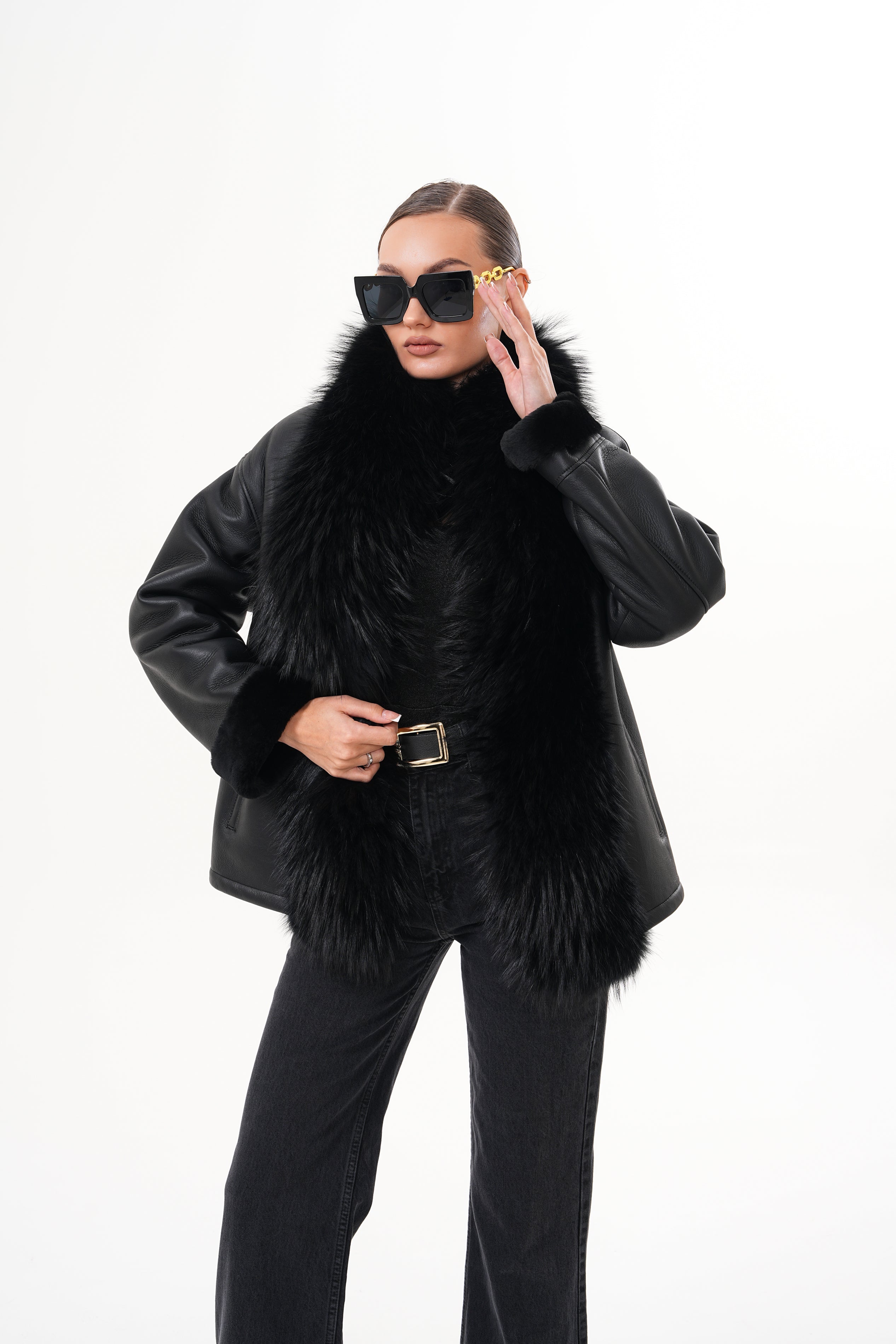 The Elise Black Shearling Leather Jacket - Vinci Leather