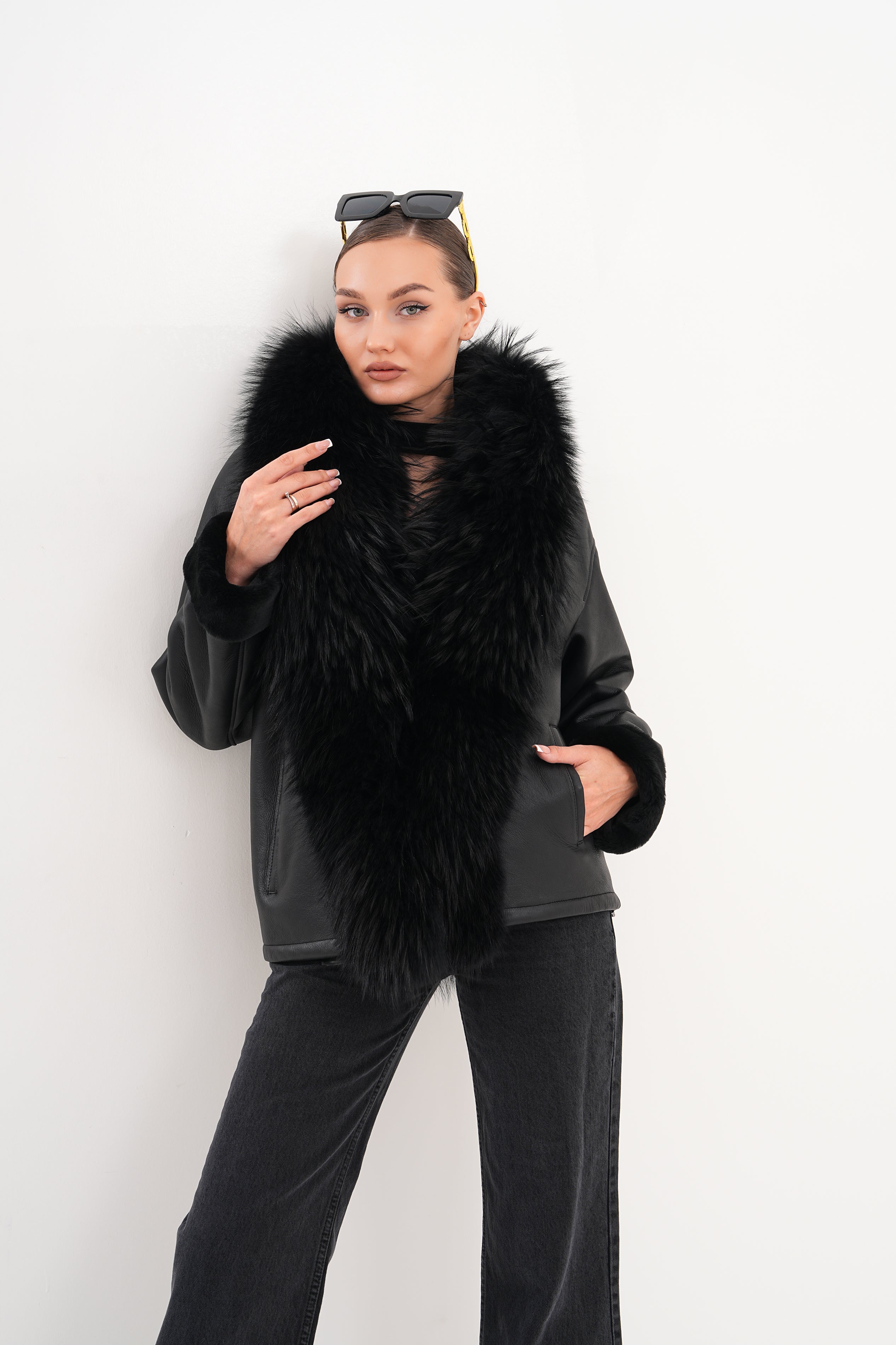The Elise Black Shearling Leather Jacket - Vinci Leather