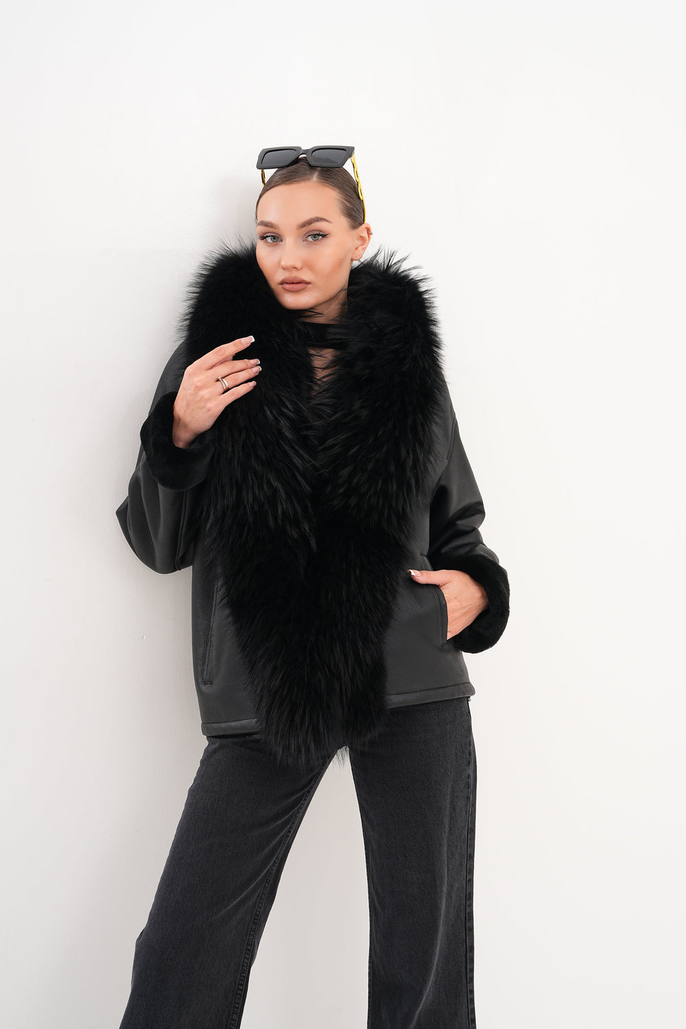 The Elise Black Shearling Leather Jacket - Vinci Leather