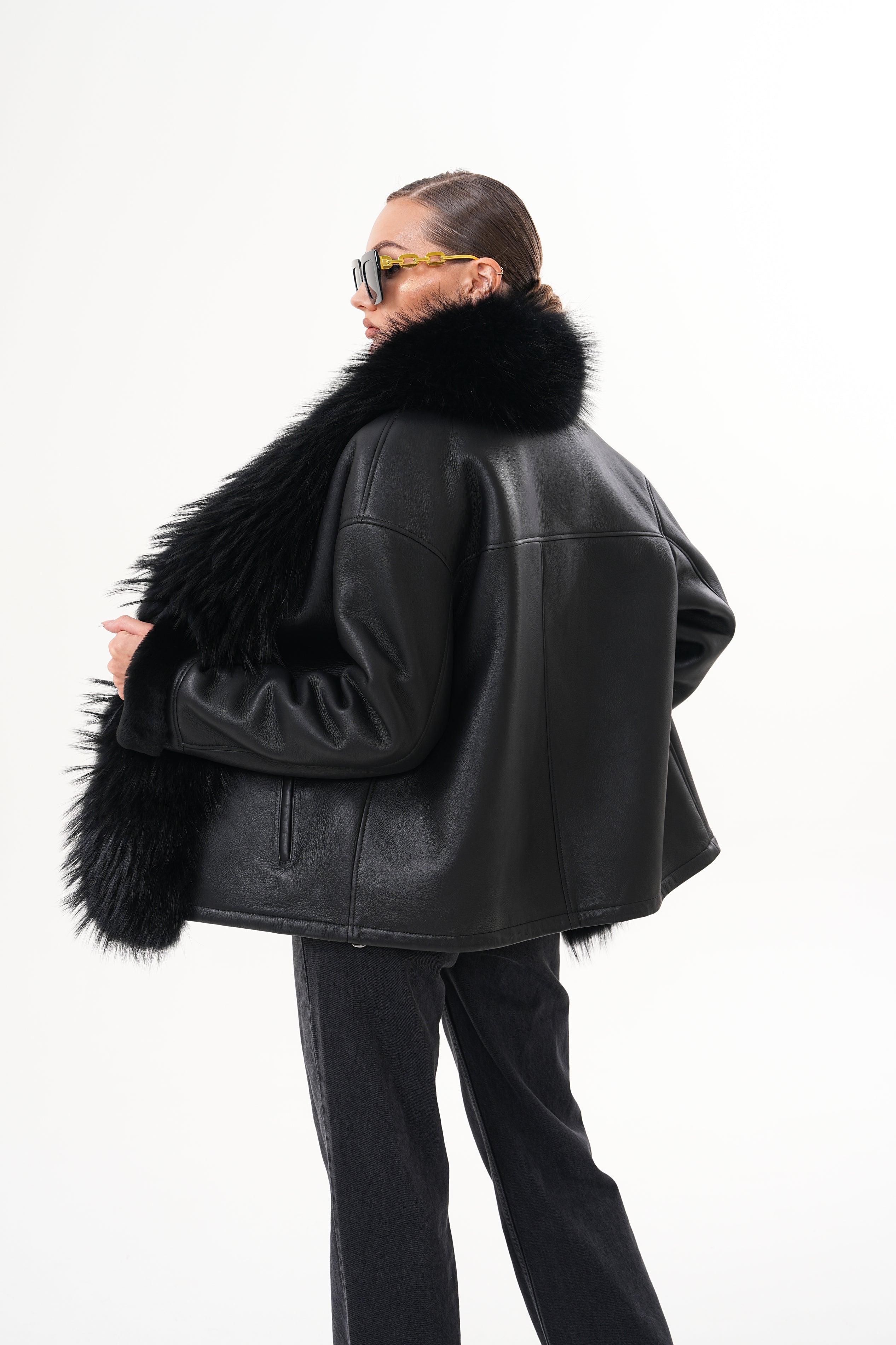 The Elise Black Shearling Leather Jacket - Vinci Leather