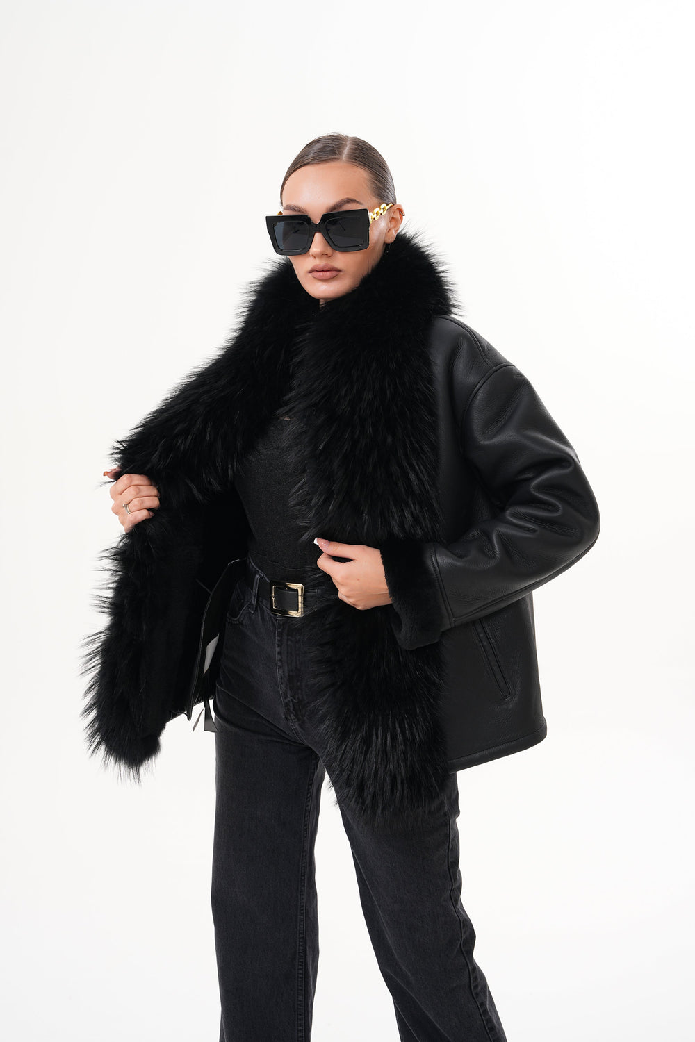 The Elise Black Shearling Leather Jacket - Vinci Leather