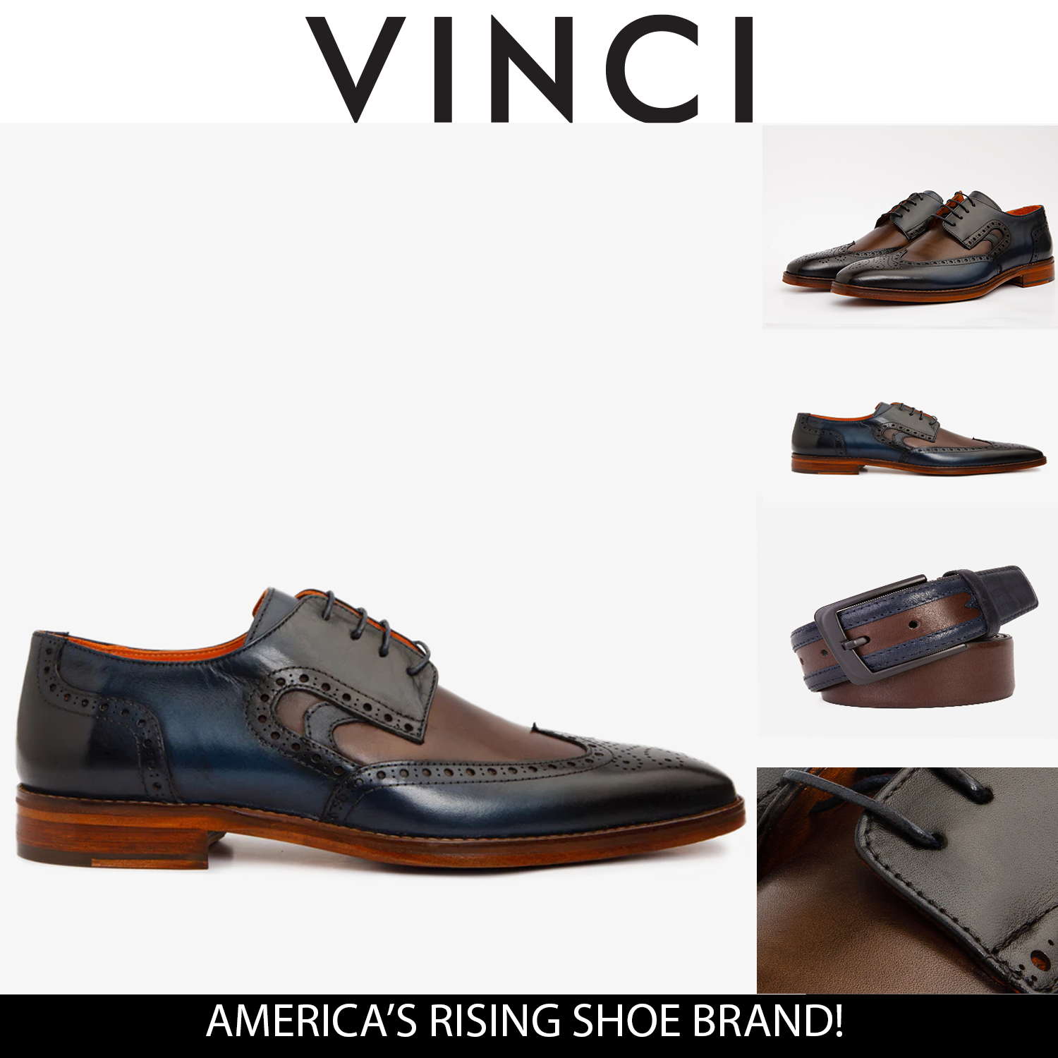 The Neiva Navy\/Brown Wingtip Semi Brogue Derby  Shoe - Vinci Leather