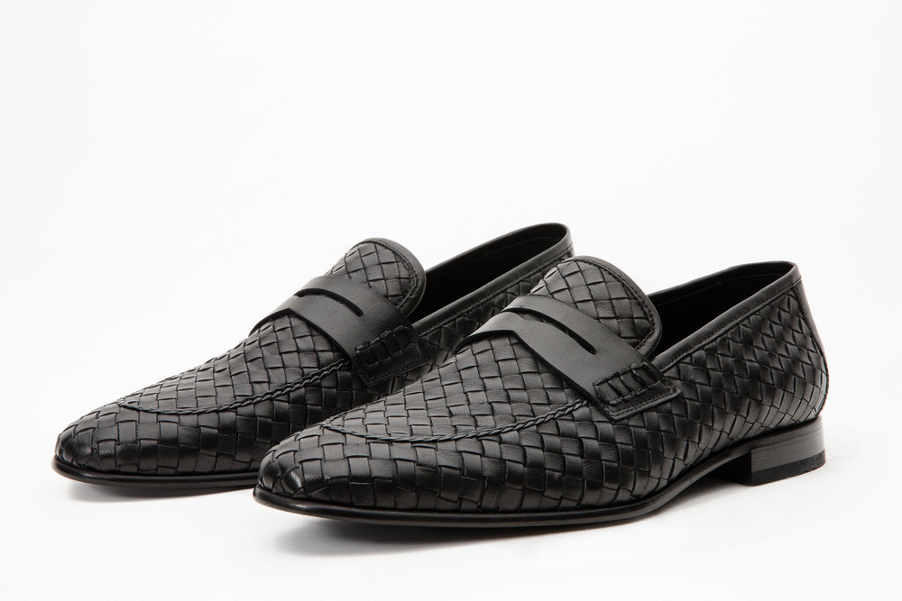 The Grand Woven Leather Black  Shoe Penny Loafer - Vinci Leather