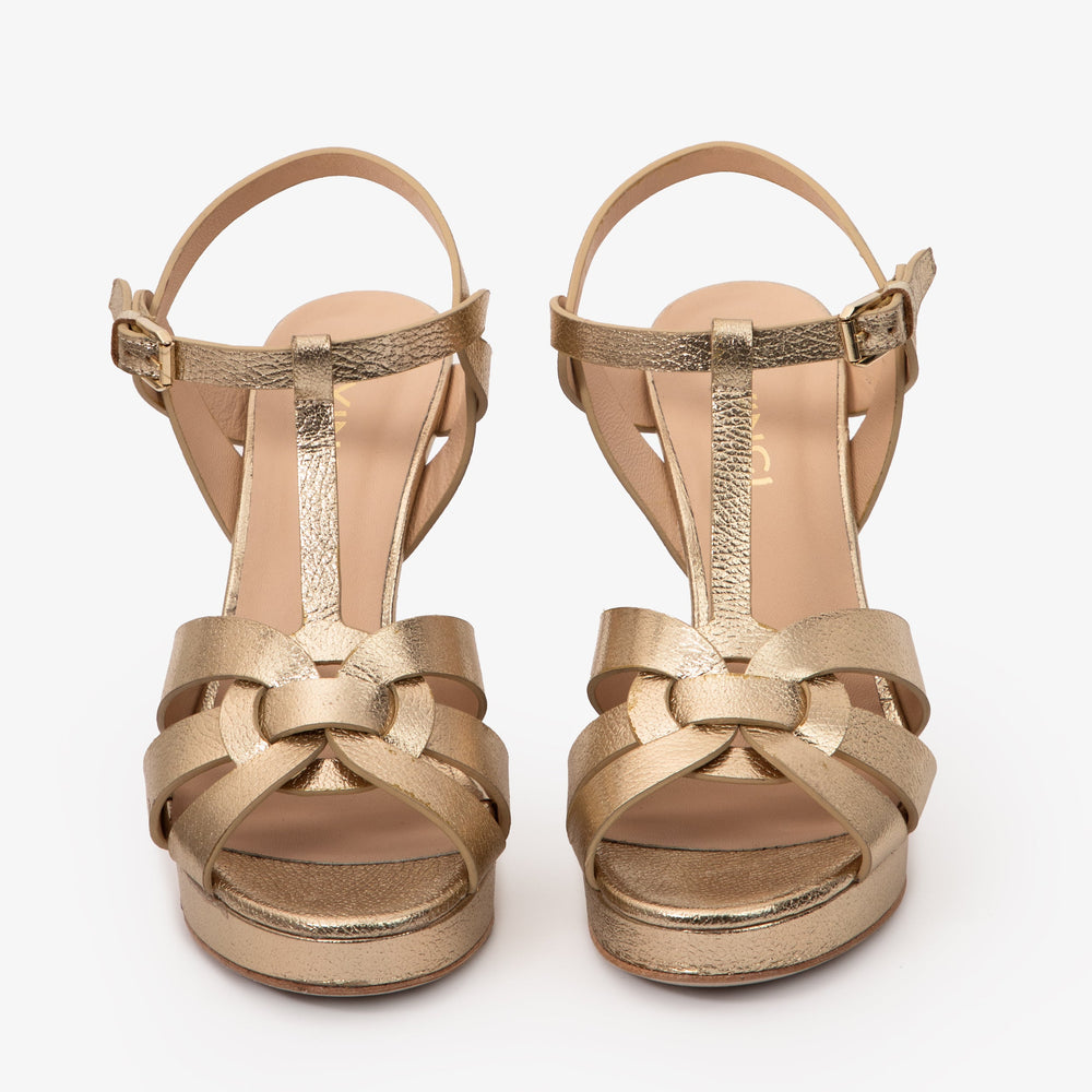 The Parisian Gold Leather T-Strap Platform Heel Sandal - Vinci Leather