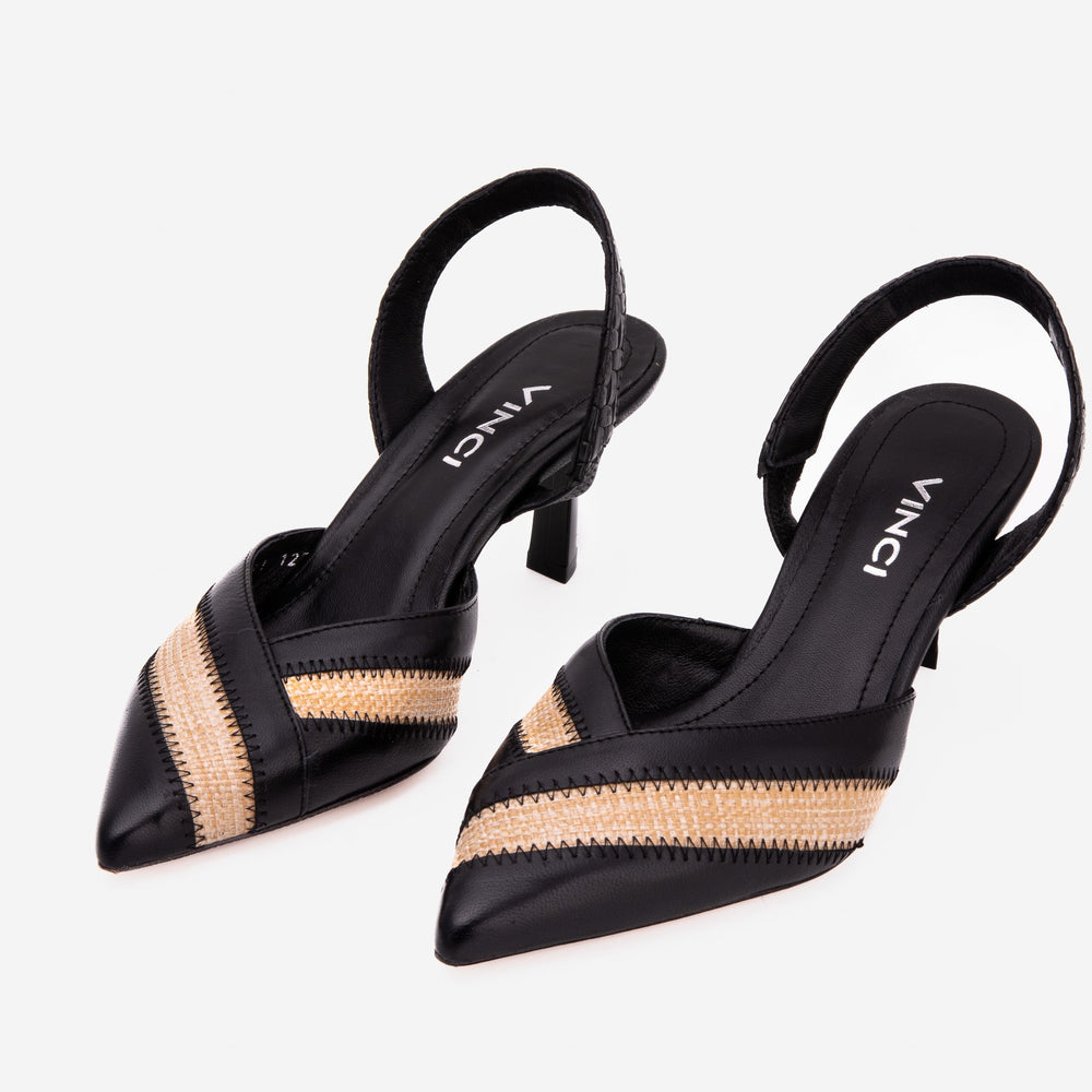 The Riviera Black Raffia Slingback  Sandal - Vinci Leather