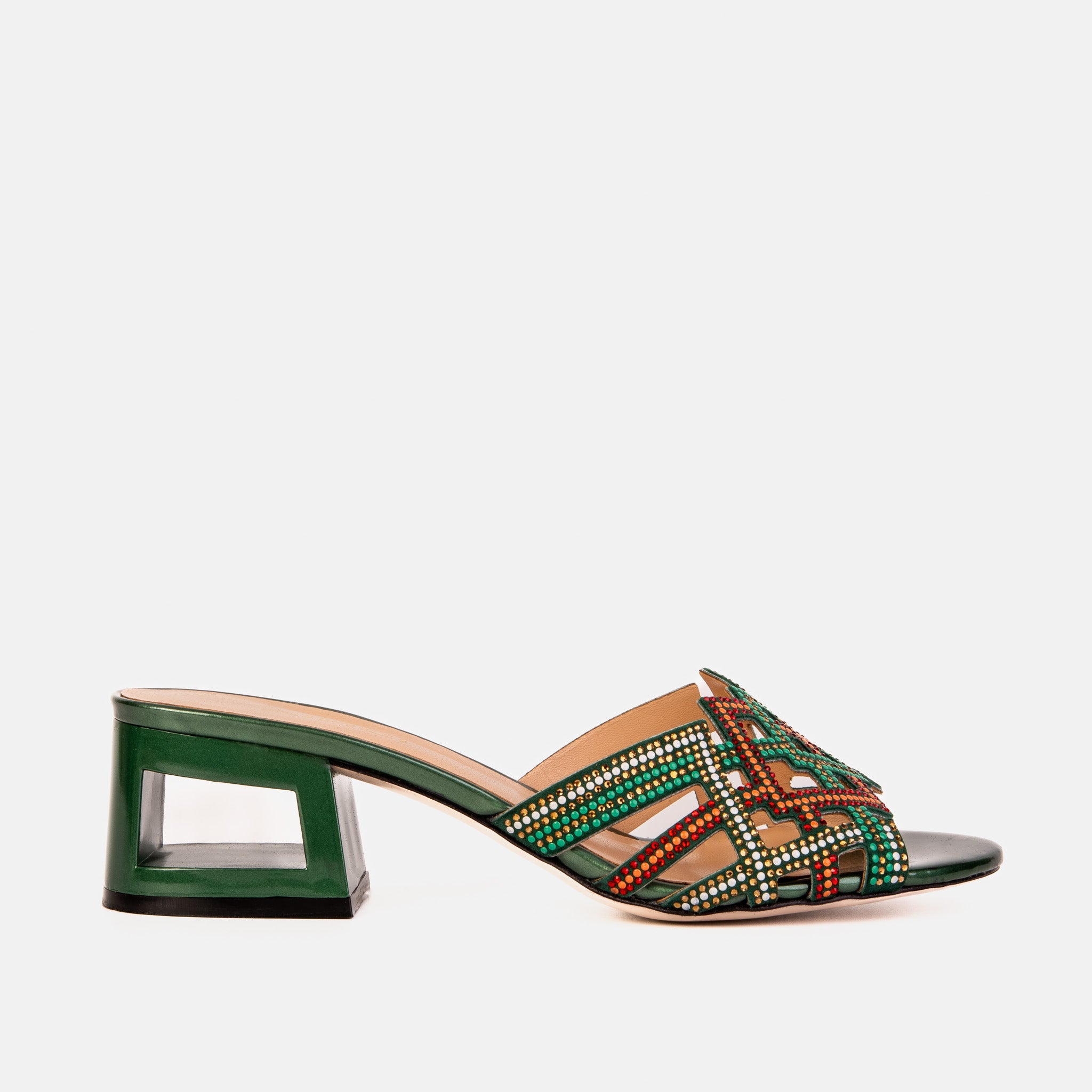 The Palma Green Glitter Leather Block Heel Sandal - Vinci Leather