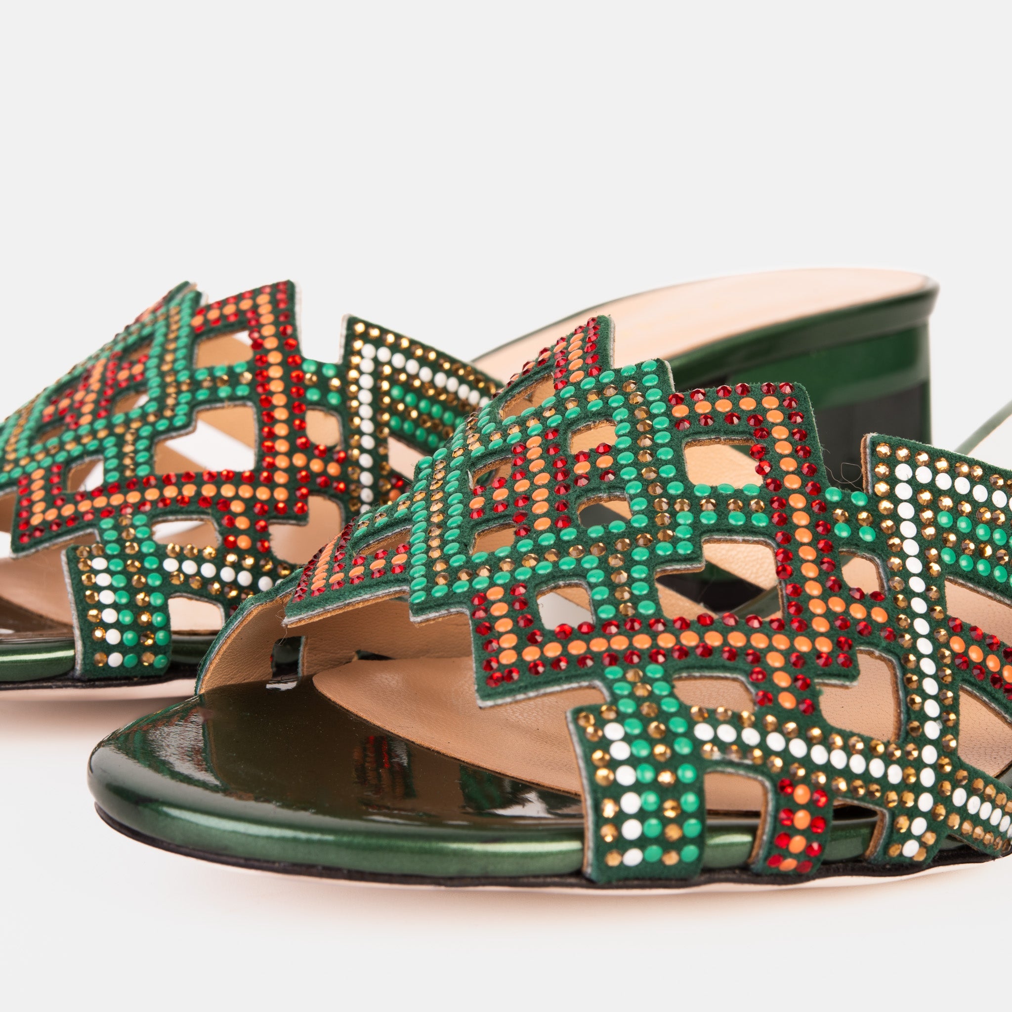 The Palma Green Glitter Leather Block Heel Sandal - Vinci Leather
