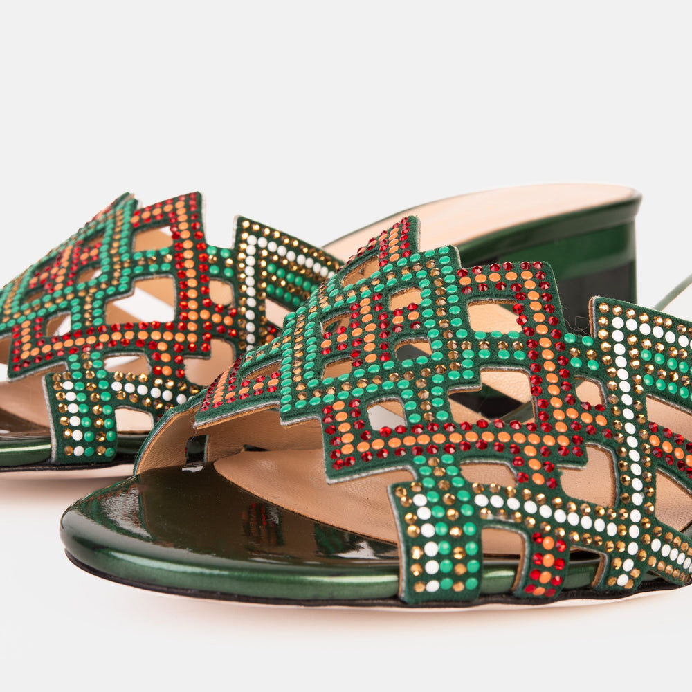The Palma Green Glitter Leather Block Heel Sandal - Vinci Leather