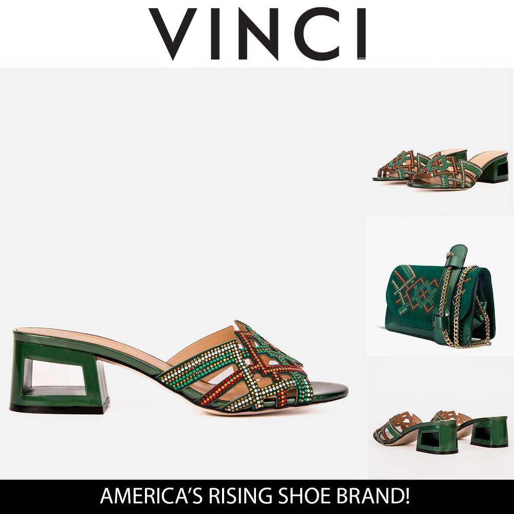 The Palma Green Glitter Leather Block Heel Sandal - Vinci Leather