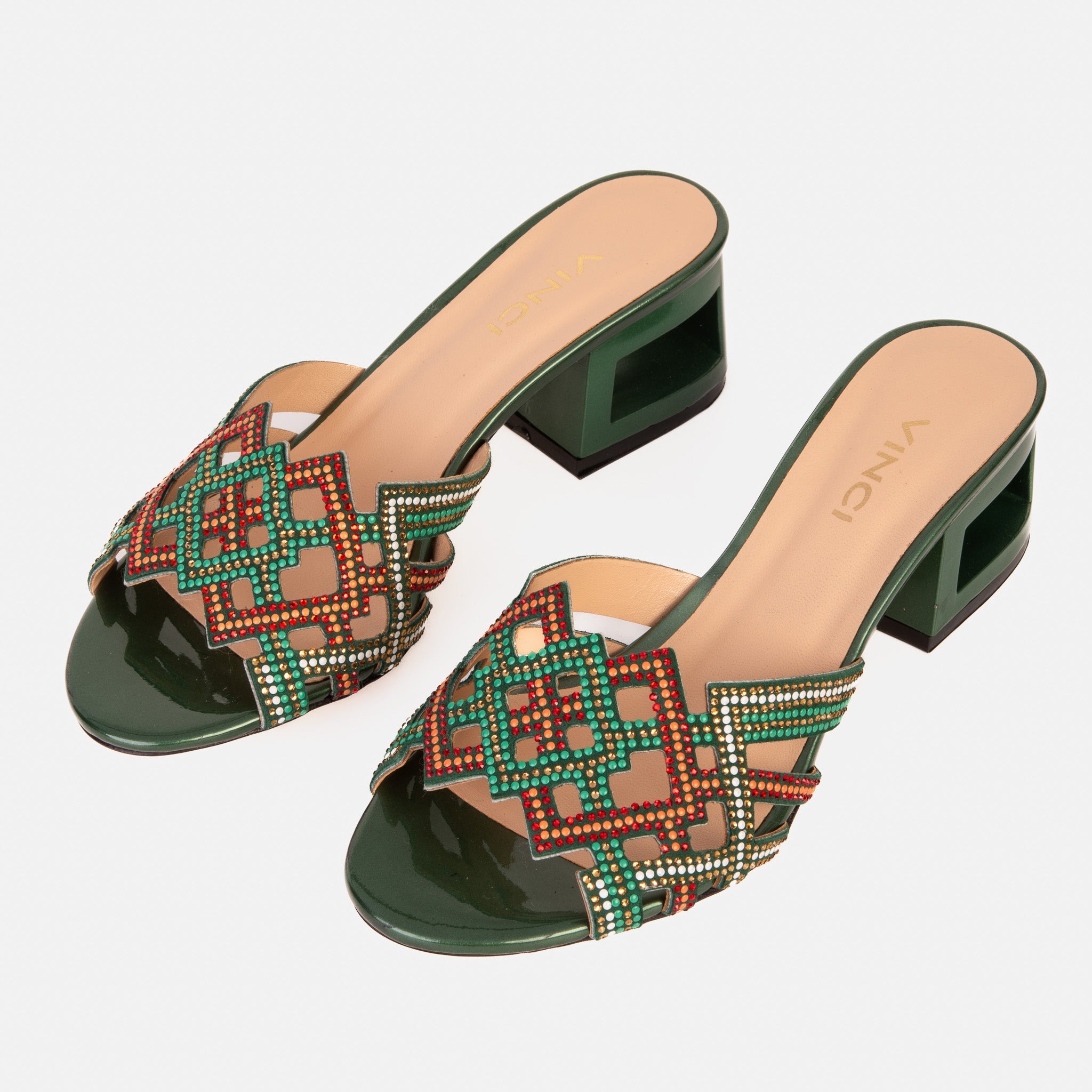 The Palma Green Glitter Leather Block Heel Sandal - Vinci Leather