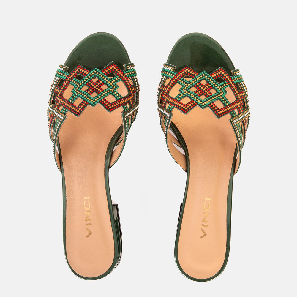 The Palma Green Glitter Leather Block Heel Sandal - Vinci Leather
