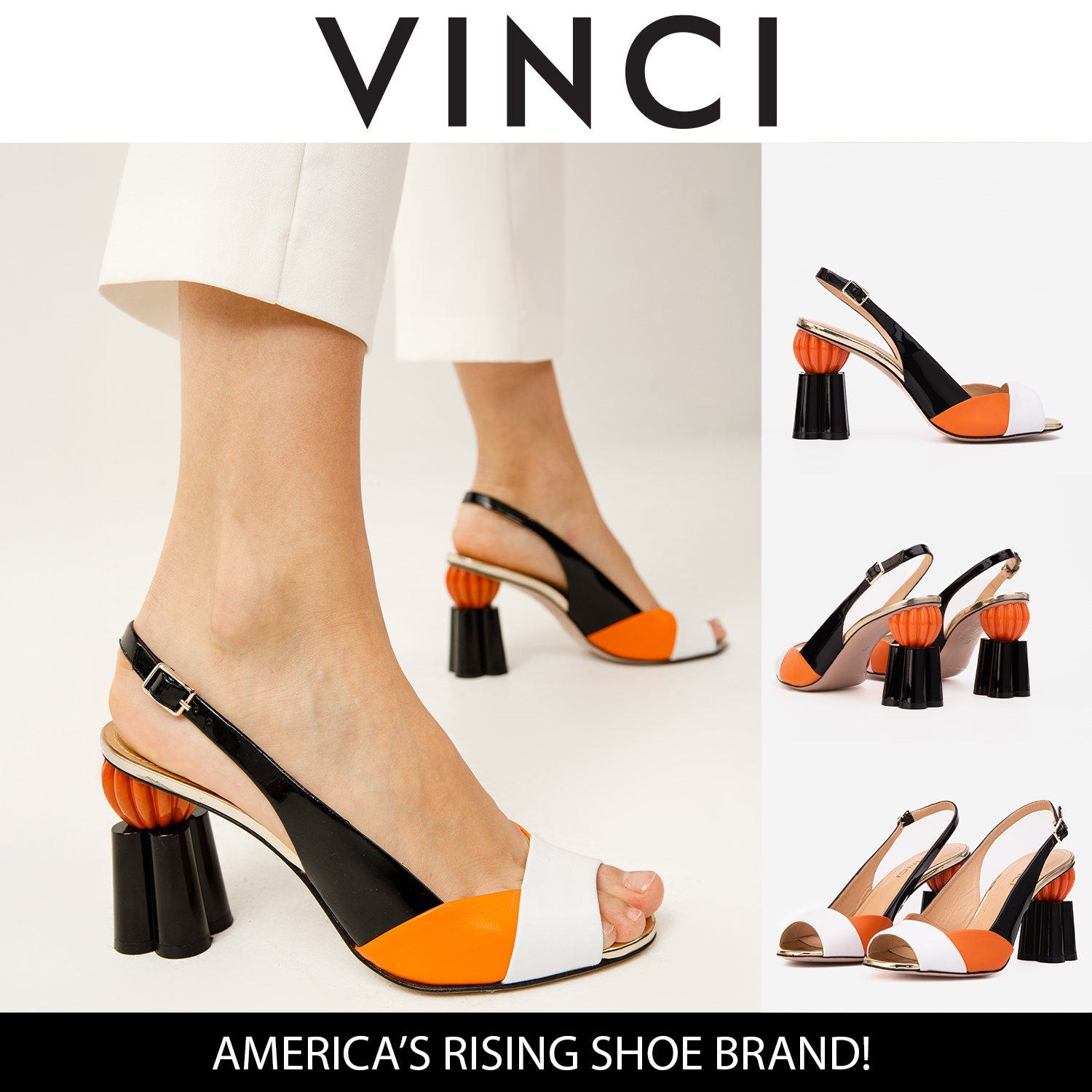 The Rize Black Orange Pumpkin Heel Leather Sandal - Vinci Leather