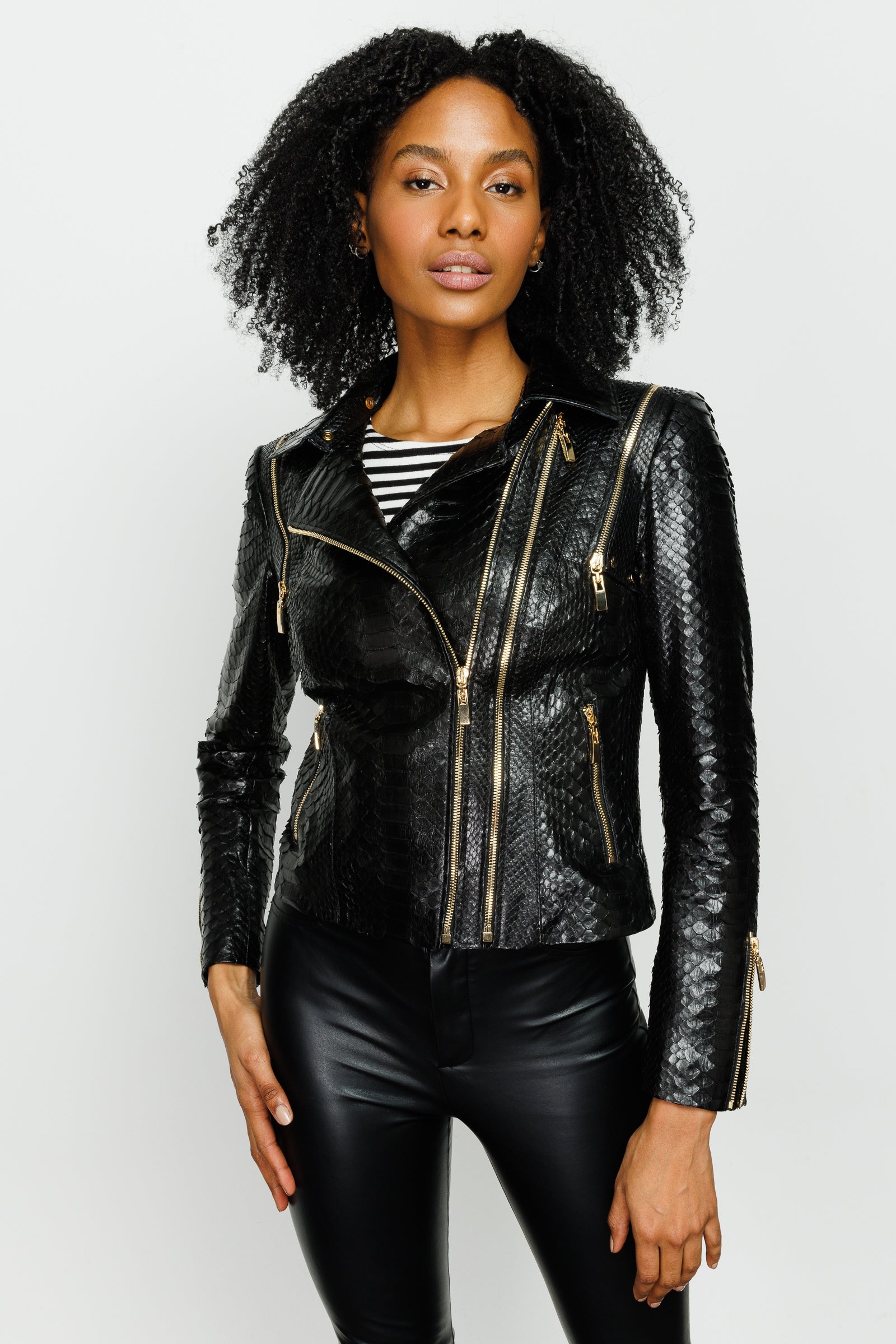 The Queen Pythn Skin Black Leather Jacket - Vinci Leather