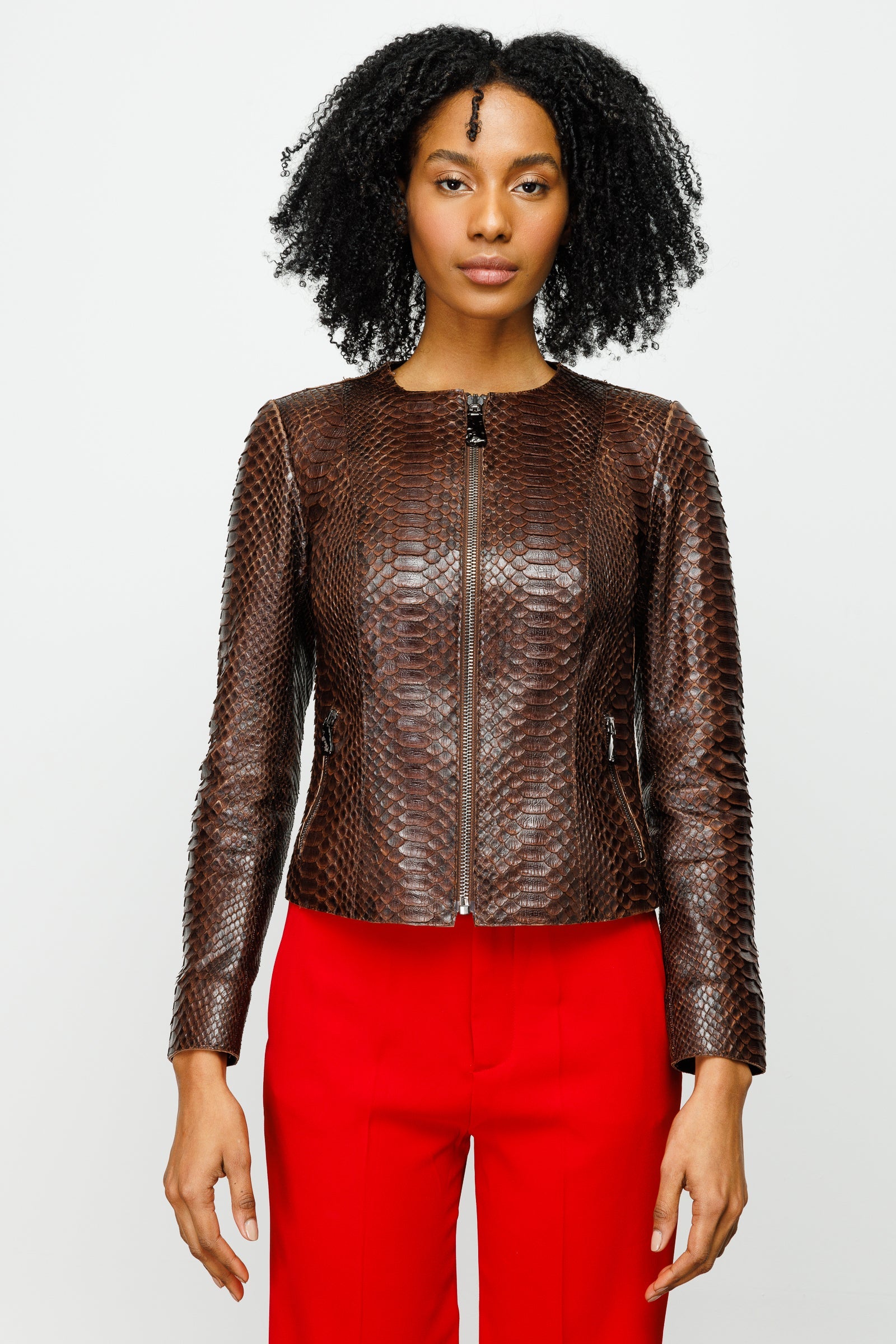 The Mekke Pythn Skin Brown Leather Jacket - Vinci Leather