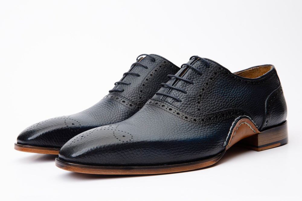 The Draco Handmade Navy Blue Semi Brogue Oxford Shoe - Vinci Leather