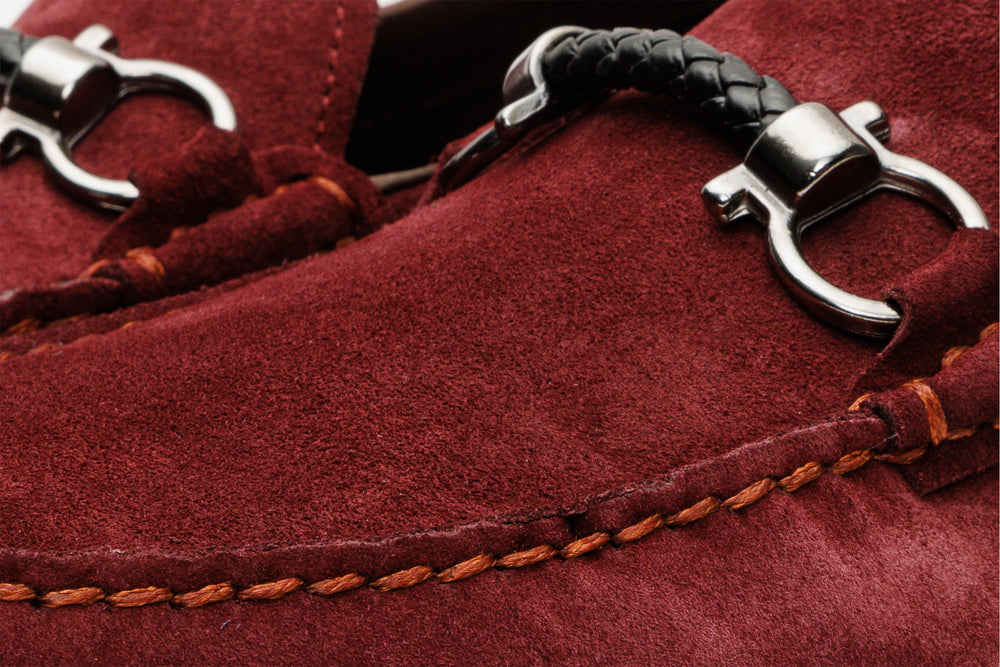 The Bari Burgundy Suede Leather Bit Drive Loafer  Shoe - Vinci Leather