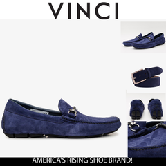 The Bari Navy Blue Suede Leather Bit Drive Loafer Shoe - Vinci Leather