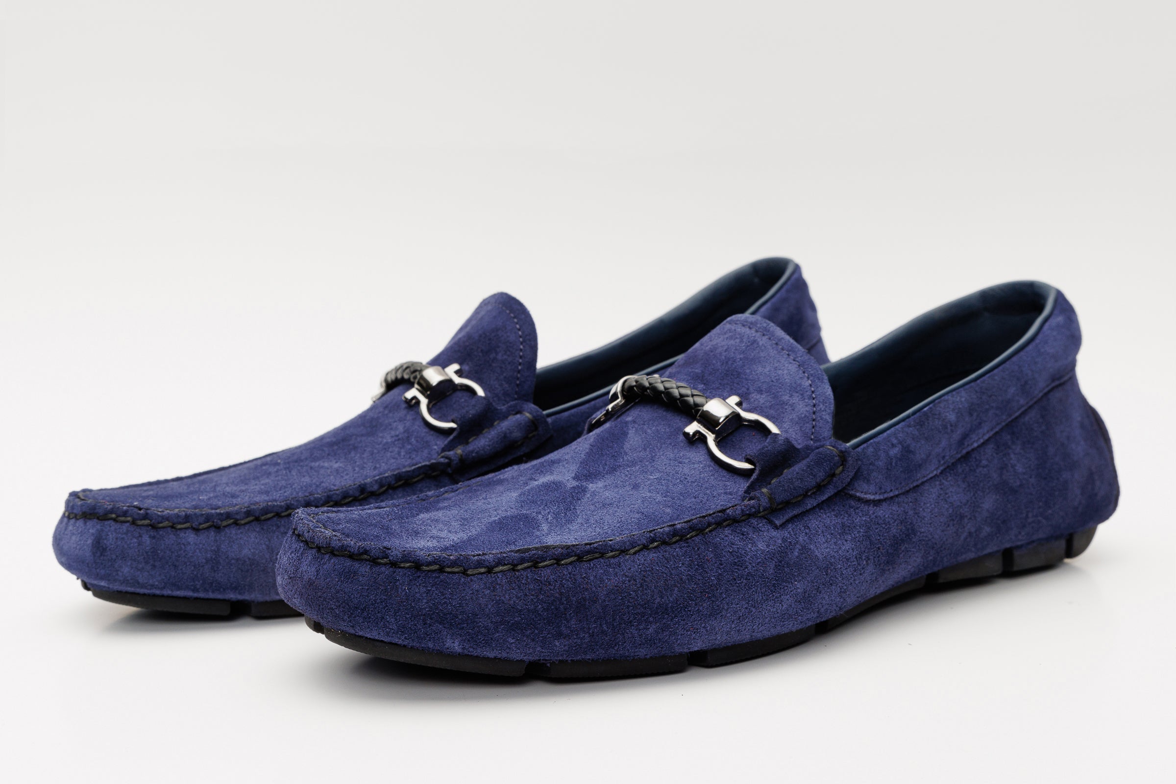 The Bari Navy Blue Suede Leather Bit Drive Loafer Shoe - Vinci Leather