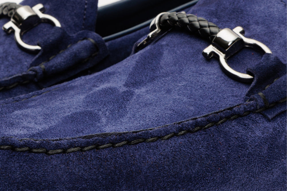 The Bari Navy Blue Suede Leather Bit Drive Loafer Shoe - Vinci Leather