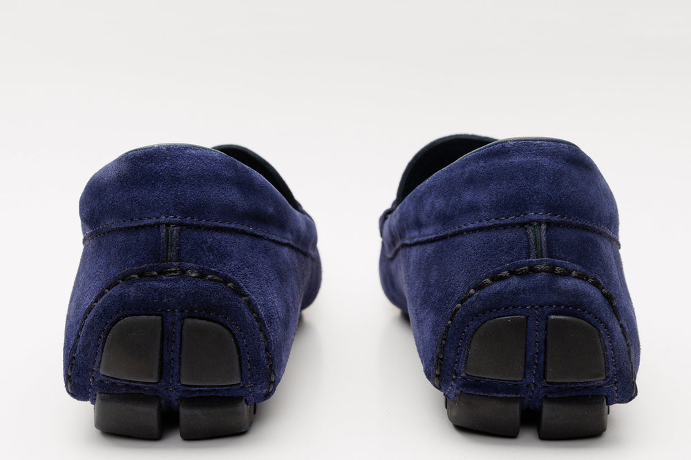 The Bari Navy Blue Suede Leather Bit Drive Loafer Shoe - Vinci Leather