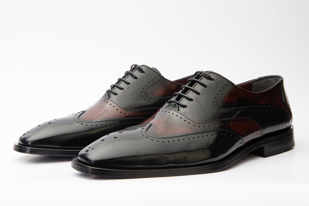 The Dicle Black\/Burgundy Wingtip Semi Brogue Derby Shoe - Vinci Leather