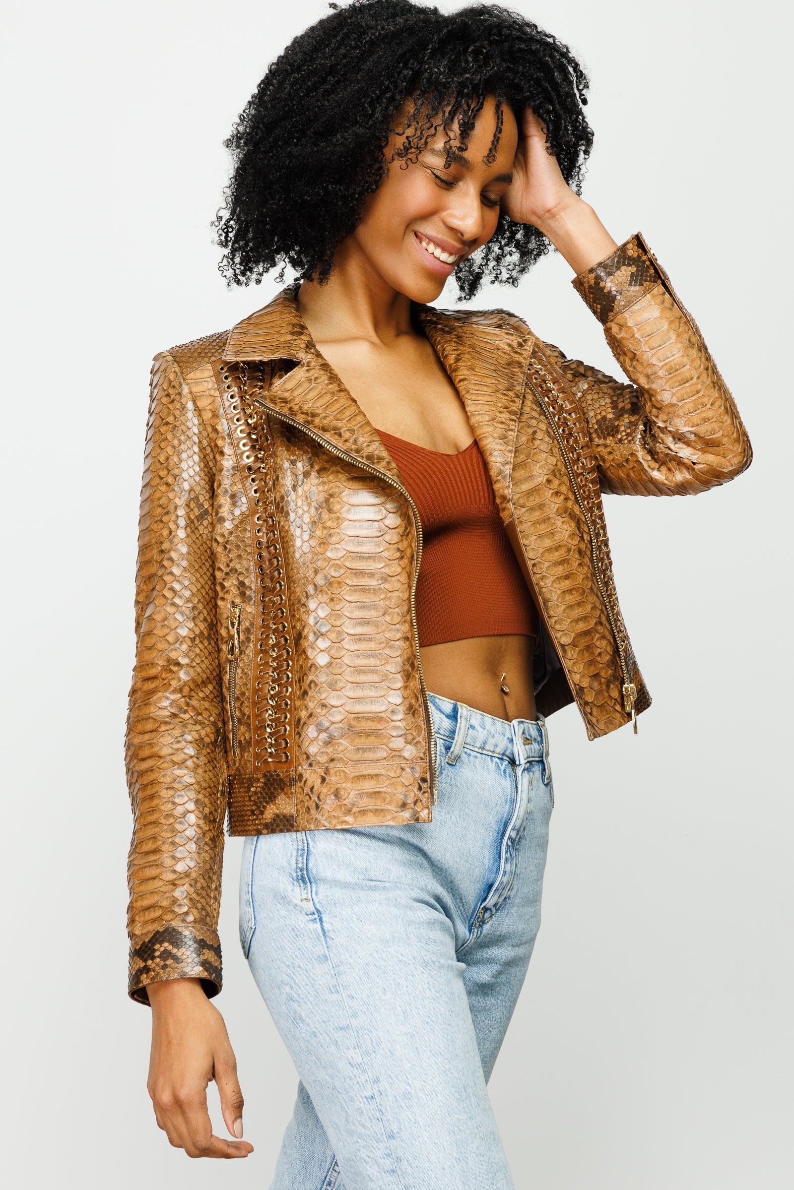 The Nayro Pythn Tan Leather Jacket - Vinci Leather