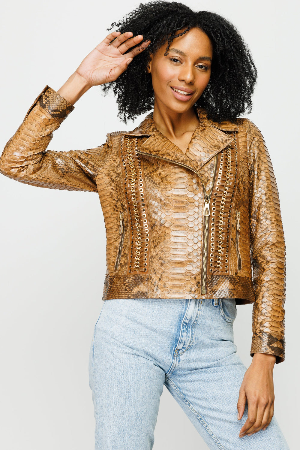 The Nayro Pythn Tan Leather Jacket - Vinci Leather