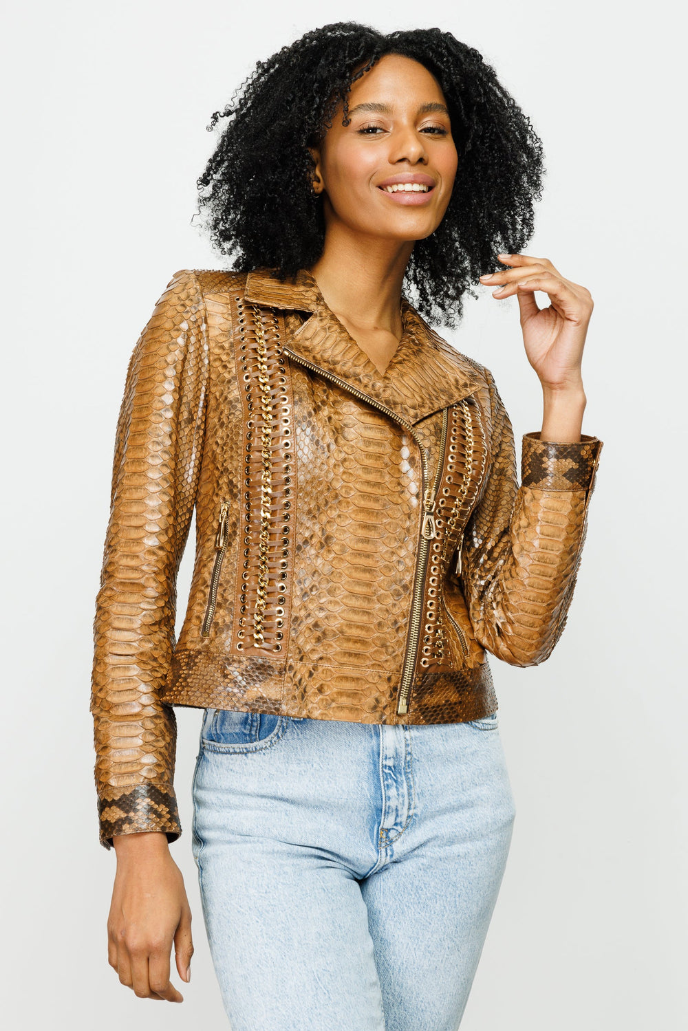 The Nayro Pythn Tan Leather Jacket - Vinci Leather