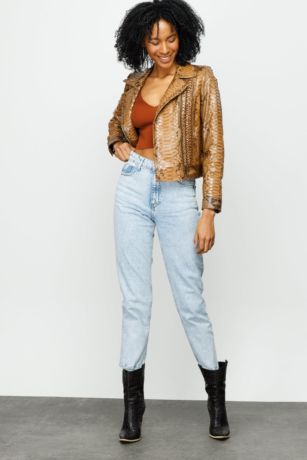 The Nayro Pythn Tan Leather Jacket - Vinci Leather