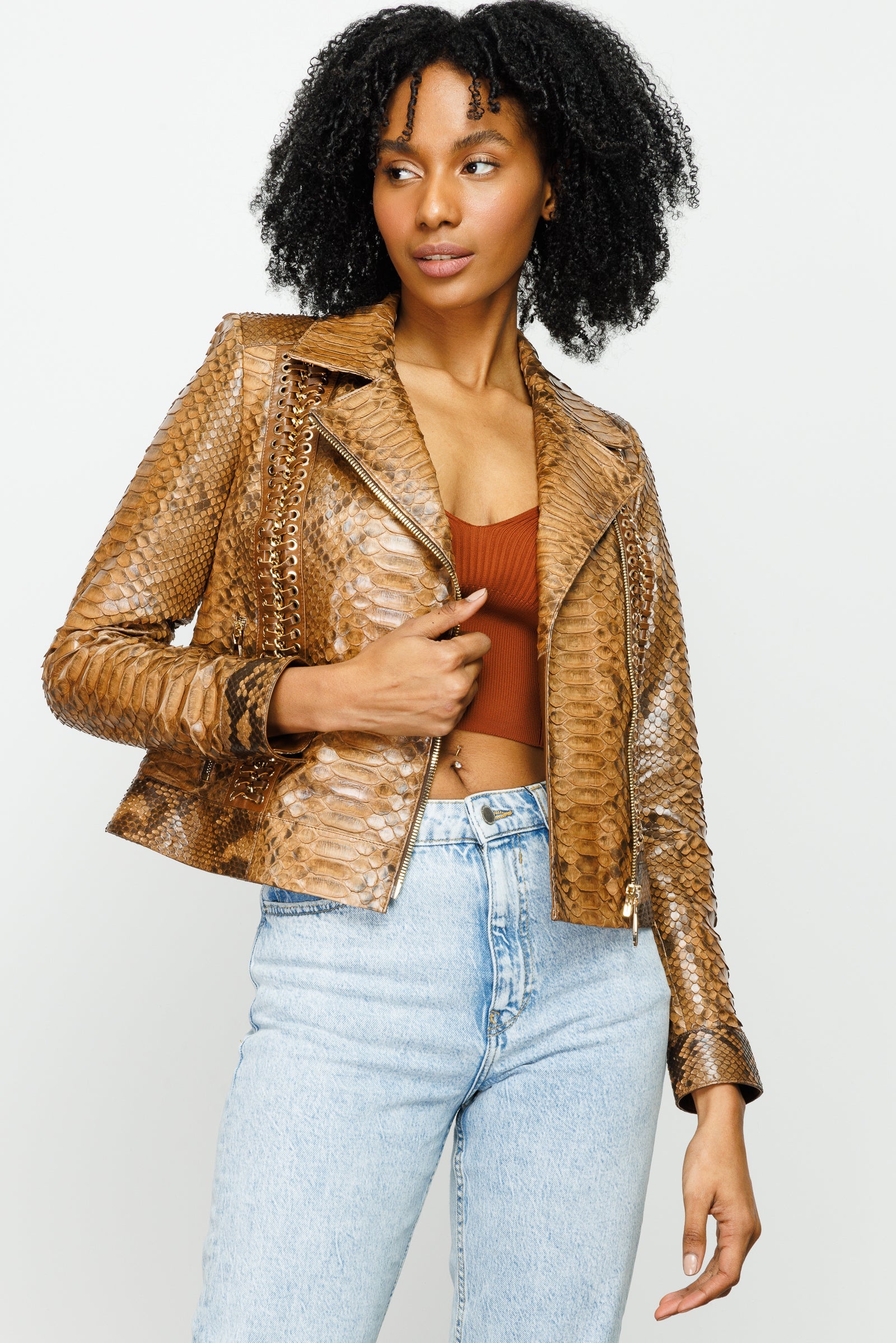 The Nayro Pythn Tan Leather Jacket - Vinci Leather