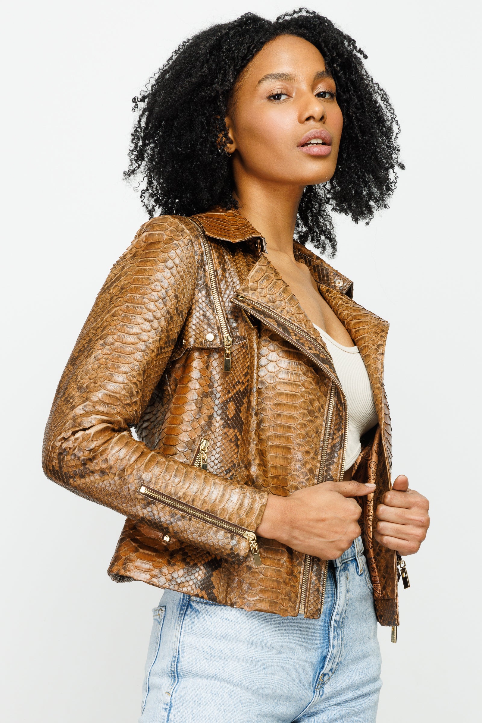 The Queen Pythn Skin Tan Leather Jacket - Vinci Leather