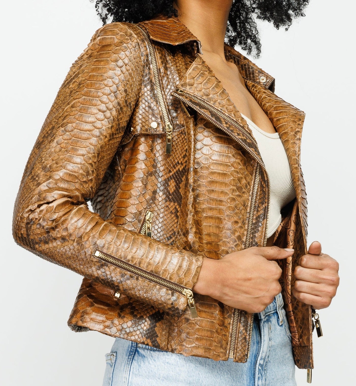 The Queen Pythn Skin Tan Leather Jacket - Vinci Leather