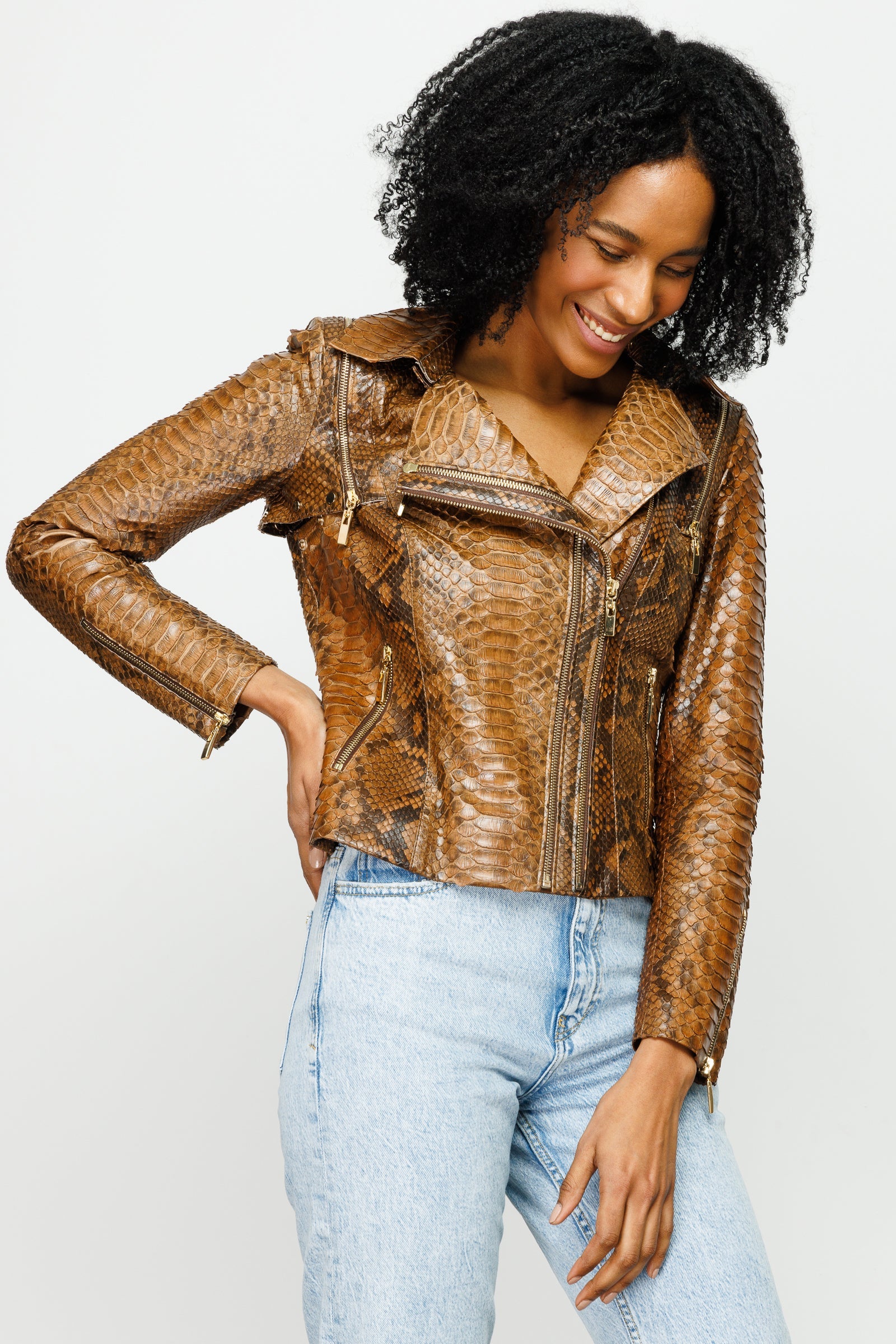 The Queen Pythn Skin Tan Leather Jacket - Vinci Leather