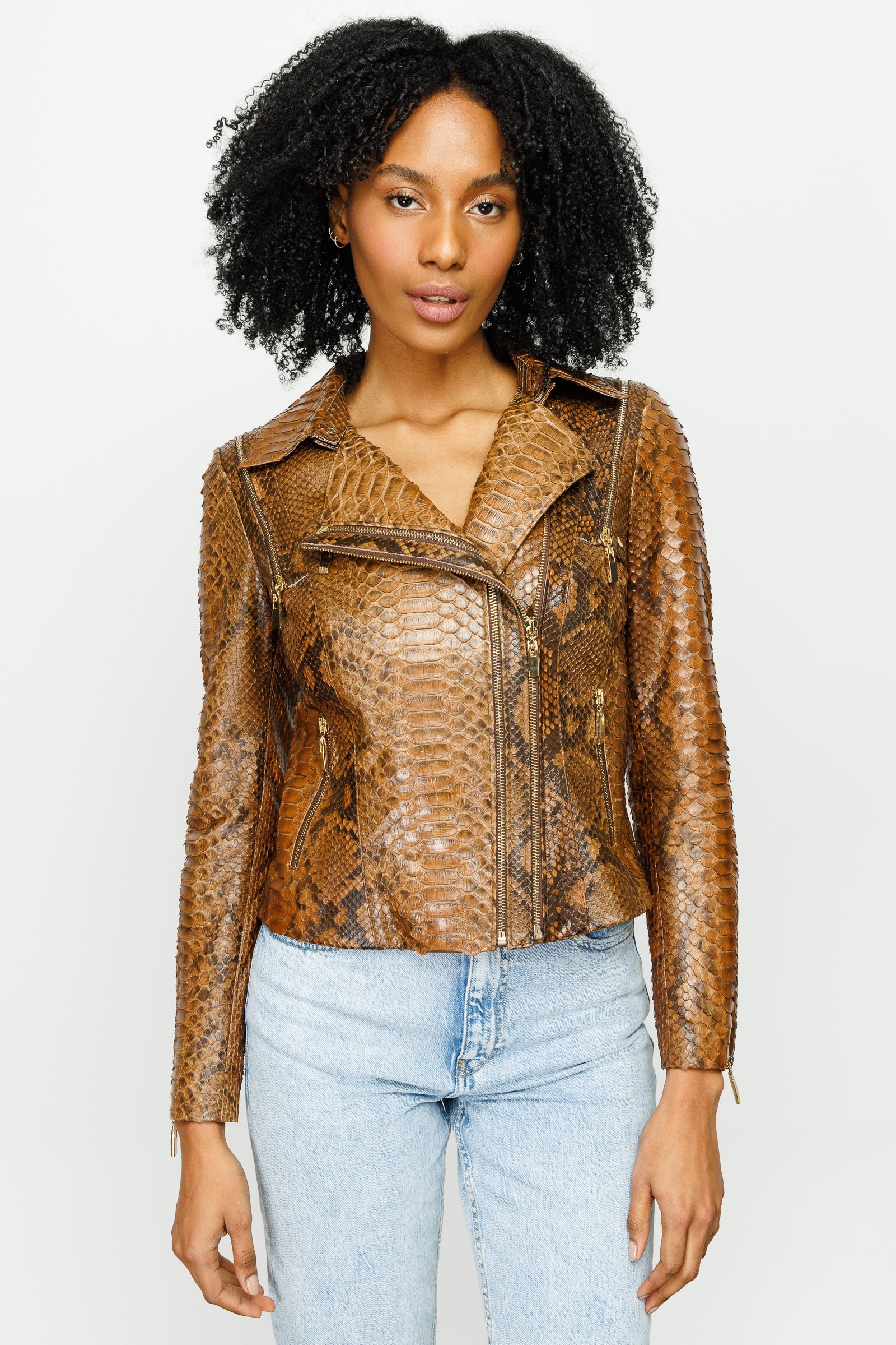 The Queen Pythn Skin Tan Leather Jacket - Vinci Leather