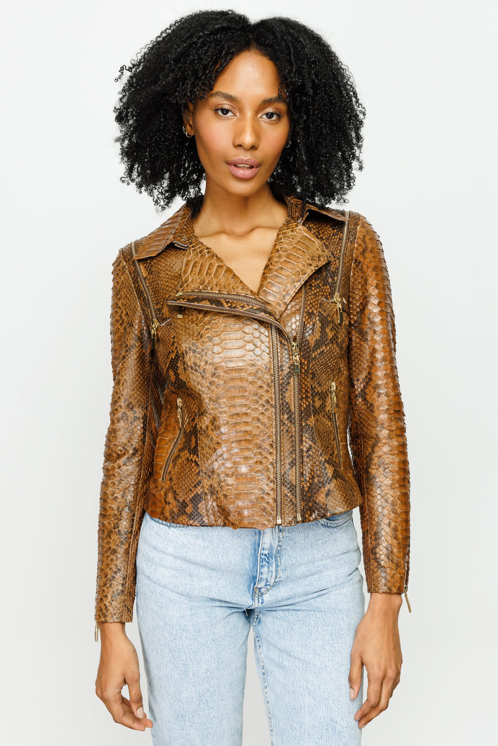 The Queen Pythn Skin Tan Leather Jacket - Vinci Leather