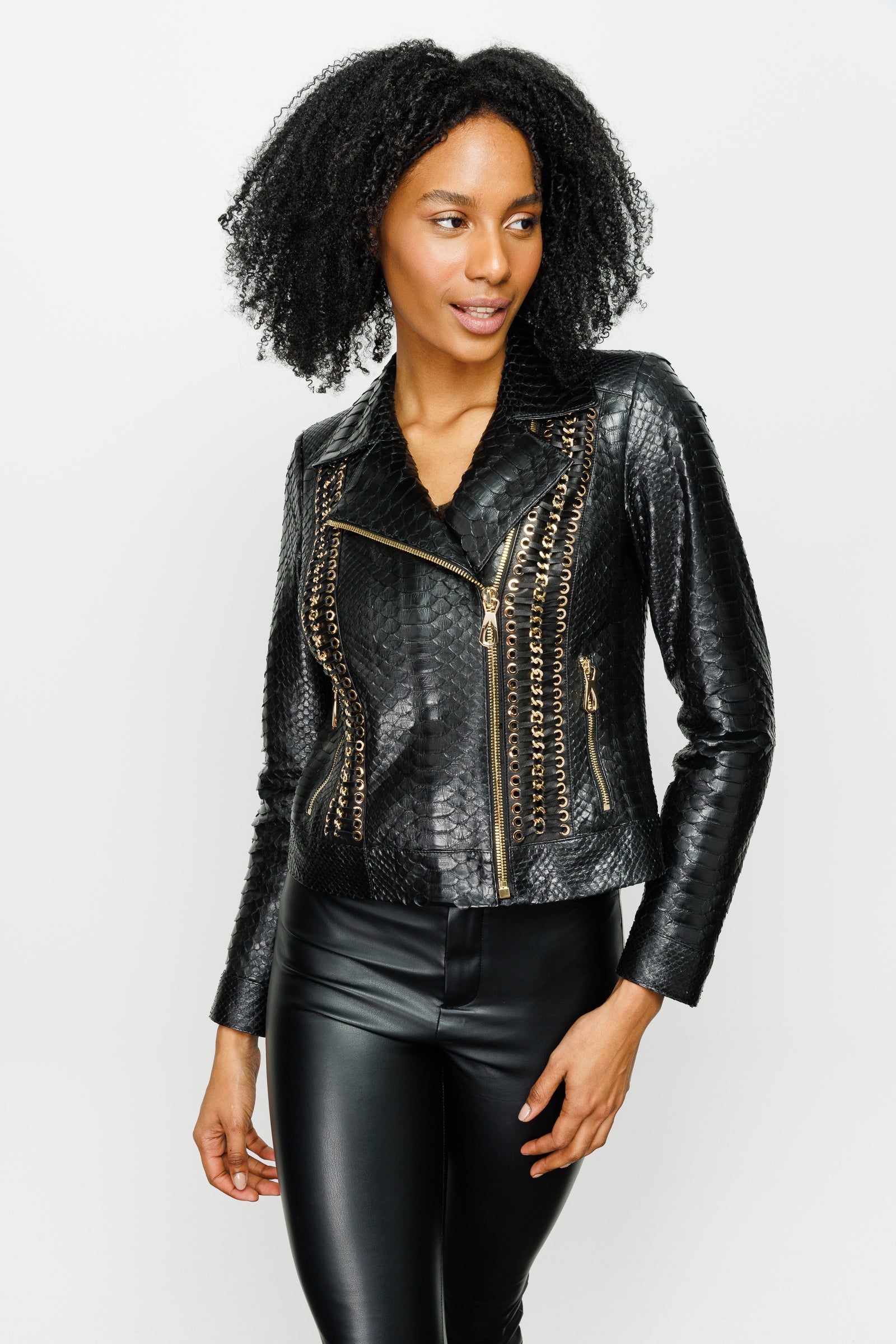 The Nayro Pythn Black Leather Jacket - Vinci Leather