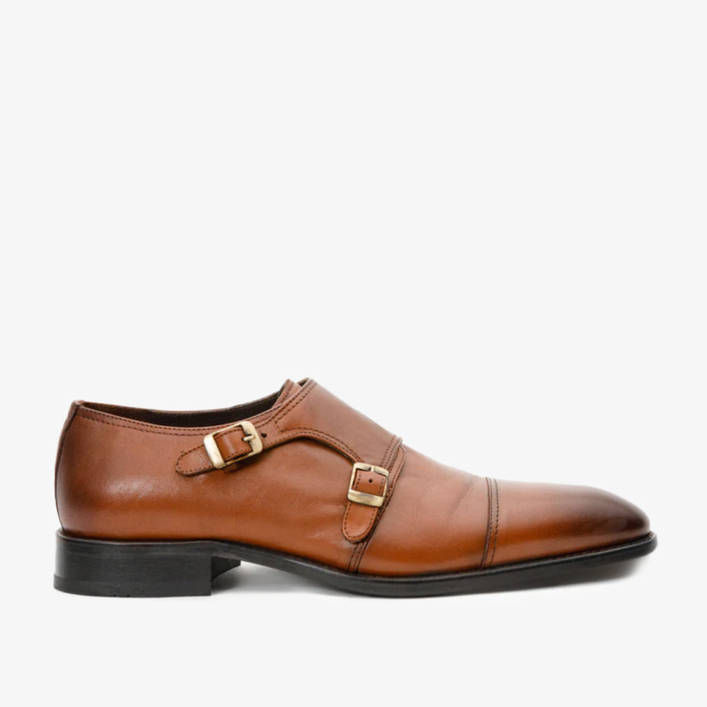 The Essen Brown Cap Toe Double Monk Strap Shoe - Vinci Leather