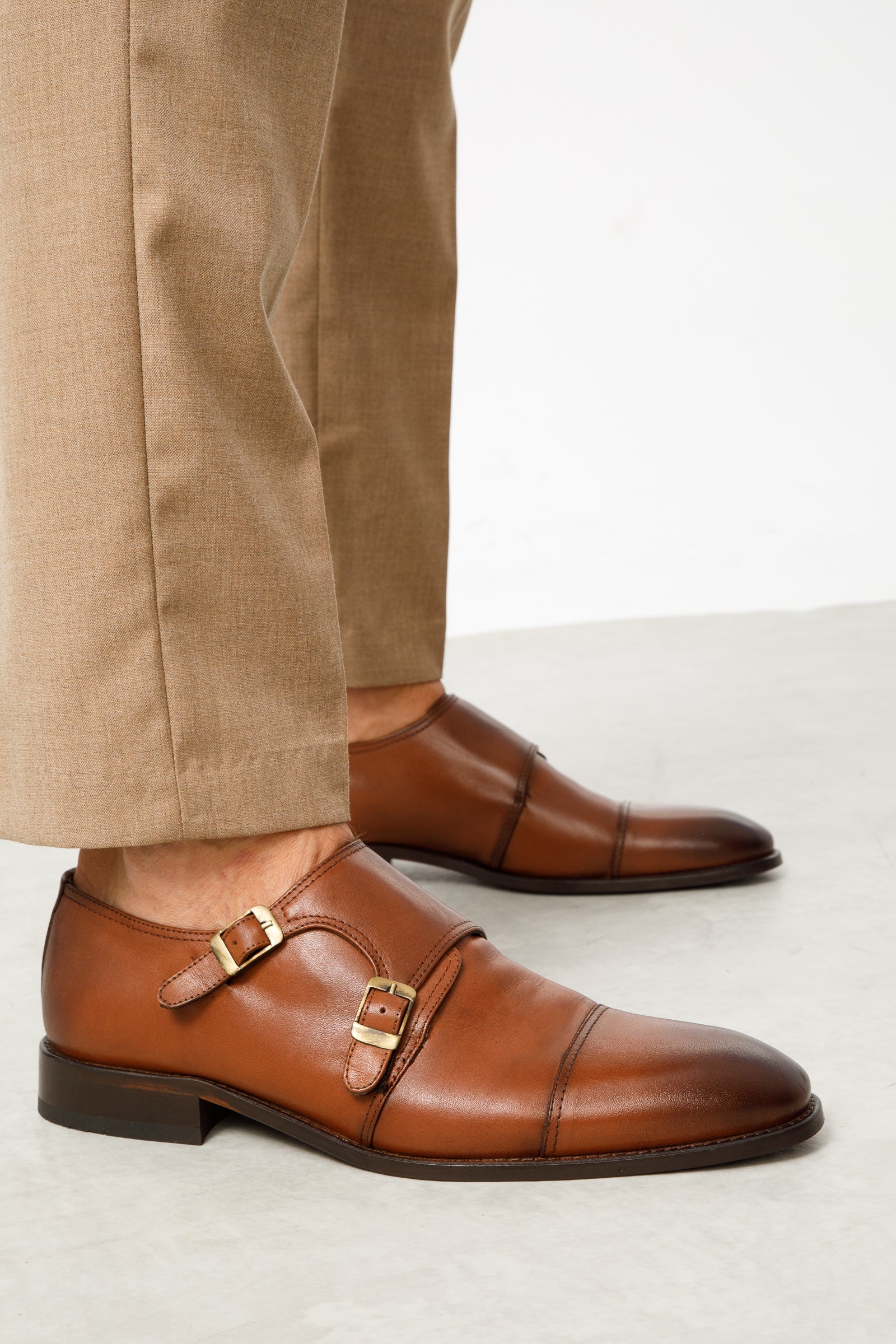 The Essen Brown Cap Toe Double Monk Strap Shoe - Vinci Leather